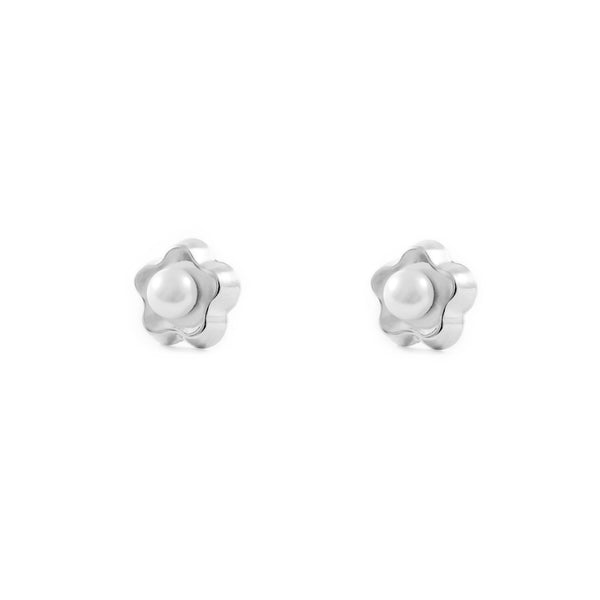 Boucles d'Oreilles Fille Enfant marguerite fleur Perle 3,5 mm Or Blanc 9 Carats