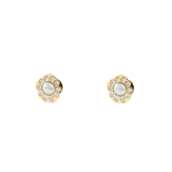 Boucles d'Oreilles marguerite fleur Zircone Perle 3,5 mm Or Jaune 9 Carats