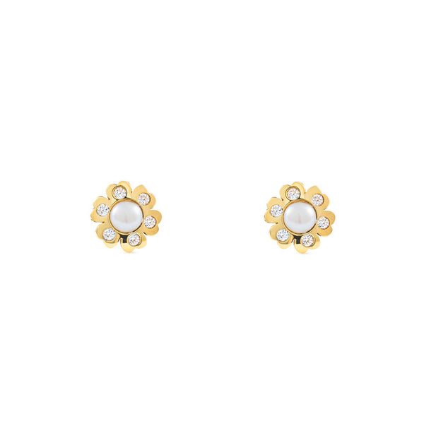 Boucles d'Oreilles Fleur Zircone Perle 3,5 mm Or Jaune 9 Carats