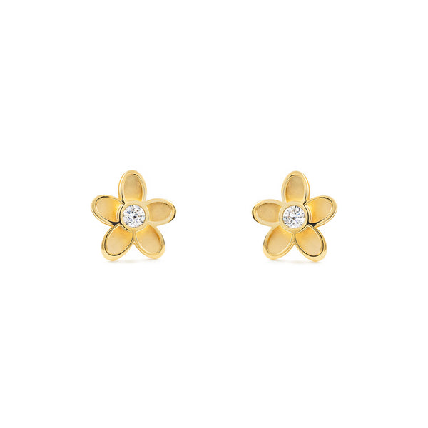 Boucles d'Oreilles marguerite fleur Zircone Or Jaune 9 carats mates et brillantes