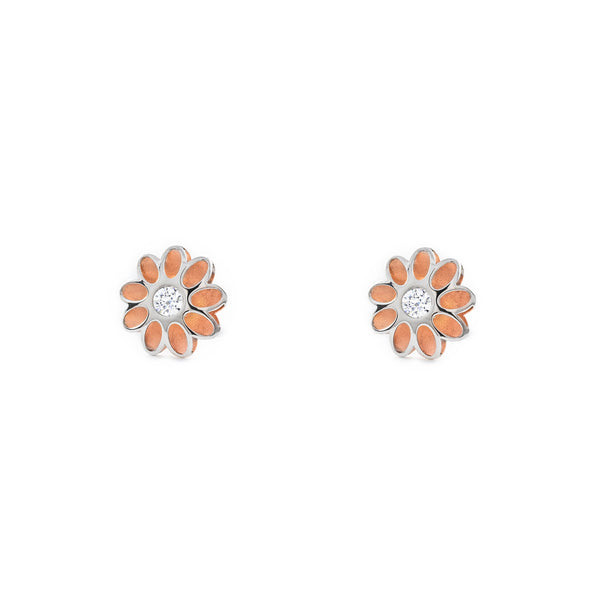 Boucles d'Oreilles Fleur Zircone Or Bicolore 9 carats mates et brillantes