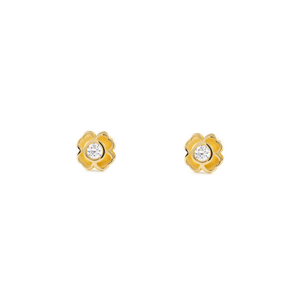 Boucles d'Oreilles Fille Enfant Trèfle Zircone Or Jaune 9 carats mates et brillantes