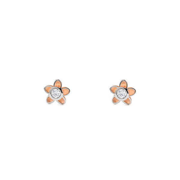 Boucles d'Oreilles Fille Enfant marguerite fleur Zircone Or Bicolore 9 carats mates et brillantes