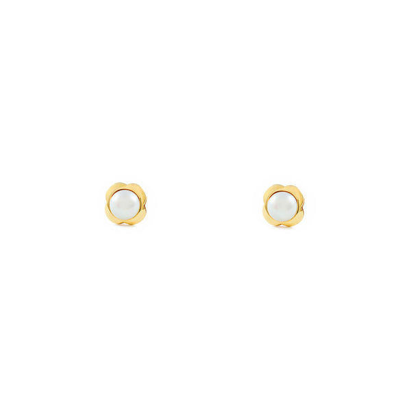 Boucles d'Oreilles Bebe Enfant Trèfle Perle 3 mm Or Jaune 9 Carats