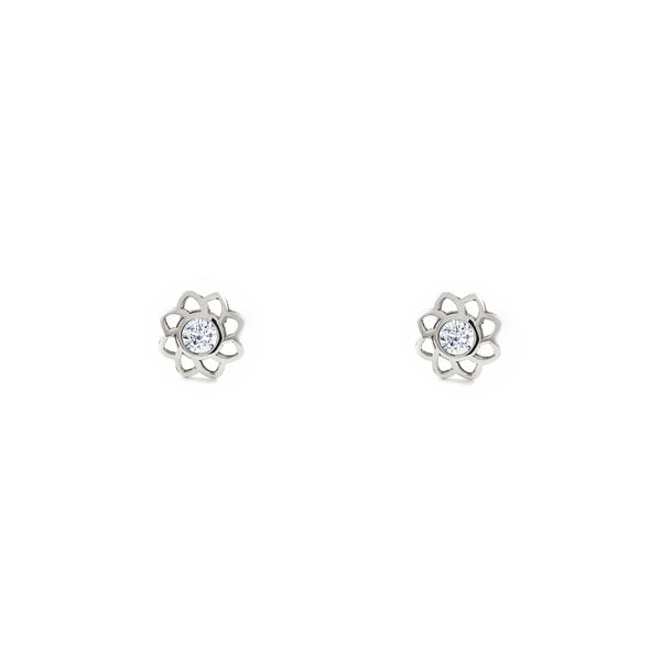 Boucles d'Oreilles Bebe Fille Enfant Fleur Zircone Or Blanc 9 Carats