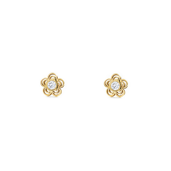 Boucles d'Oreilles Bebe Fille Enfant marguerite fleur Zircone Or Jaune 9 Carats