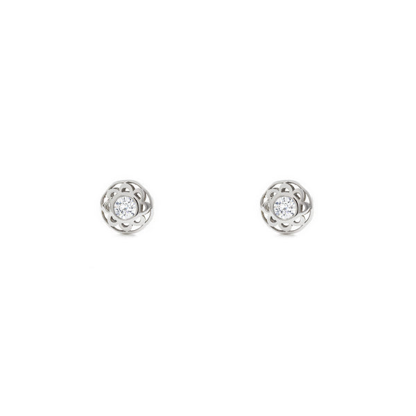 Boucles d'Oreilles Bebe Fille Enfant Ronde Zircone Or Blanc 9 Carats