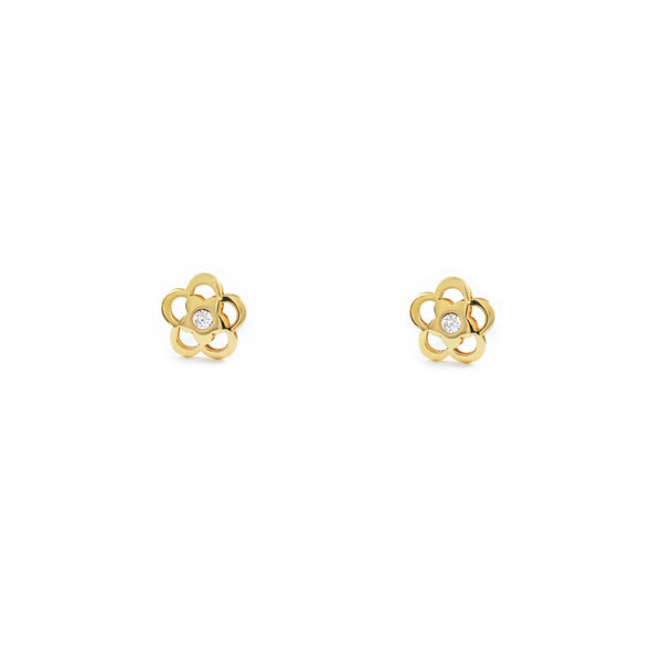 Boucles d'Oreilles Bebe Fille Enfant marguerite fleur Zircone Or Jaune 9 Carats