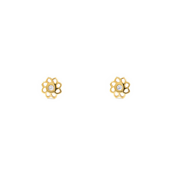 Boucles d'Oreilles Bebe Fille Enfant Fleur Zircone Or Jaune 9 Carats