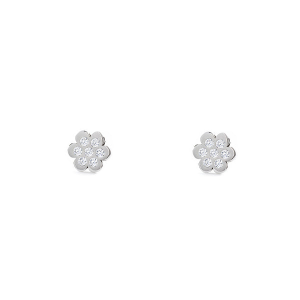 Boucles d'Oreilles Fille Enfant Fleur Zircone Or Blanc 9 Carats