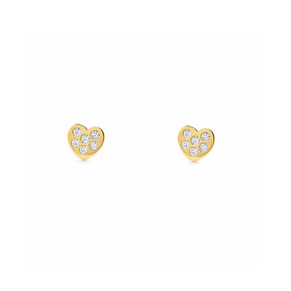 Boucles d'Oreilles Fille Enfant Cœur Zircone Or Jaune 9 Carats