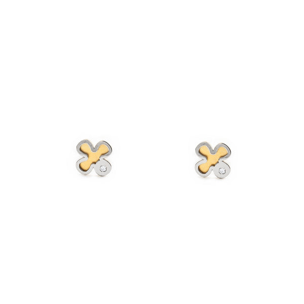 Boucles d'Oreilles Bebe Fille Enfant Trèfle Zircone Or Bicolore 9 carats mates et brillantes