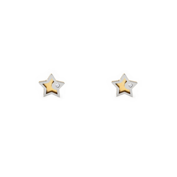 Boucles d'Oreilles Bebe Fille Enfant Étoile Zircone Or Bicolore 9 Carats