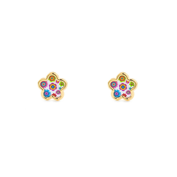 Boucles d'Oreilles Fille Enfant Nacre Fleur Émail multicolore Or Jaune 9 Carats