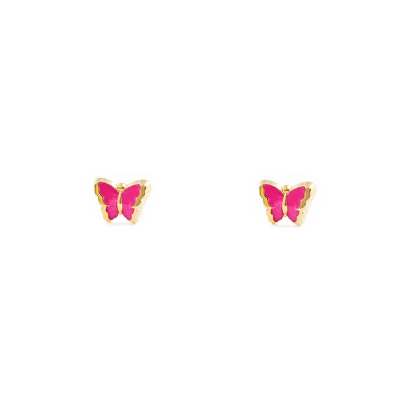 Boucles d'Oreilles Bebe Fille Enfant Émail rose intense Papillon Or Jaune 9 Carats