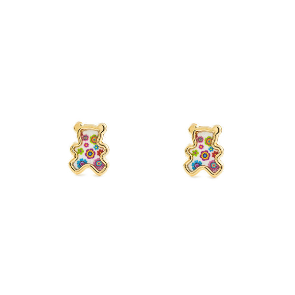 Boucles d'Oreilles Fille Enfant Nacre Ours Émail multicolore Or Jaune 9 Carats