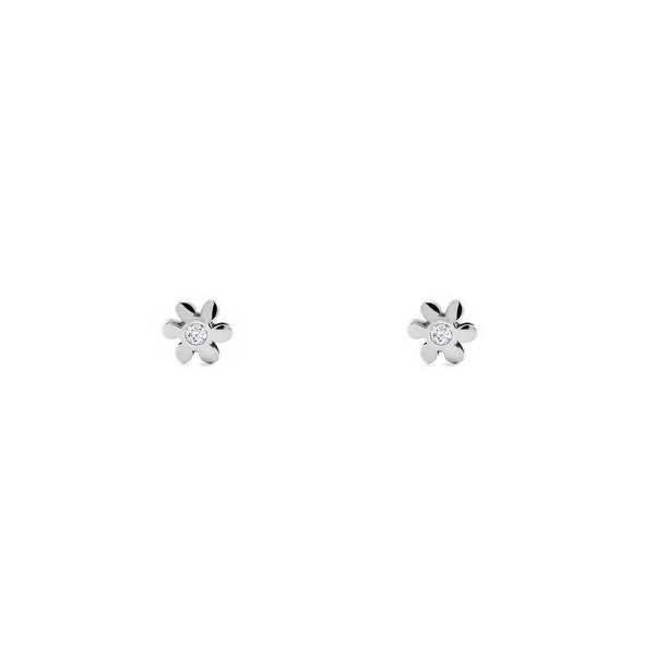 Boucles d'Oreilles Bebe Enfant Fleur Zircone Or Blanc 9 Carats