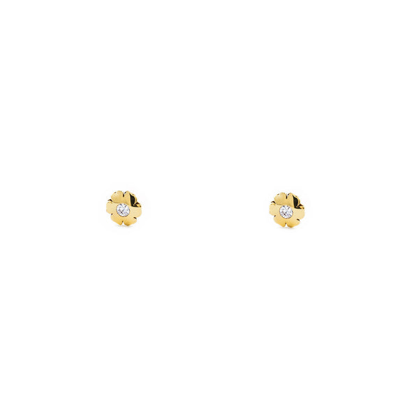 Boucles d'Oreilles Bebe Enfant Fleur Zircone Or Jaune 9 Carats