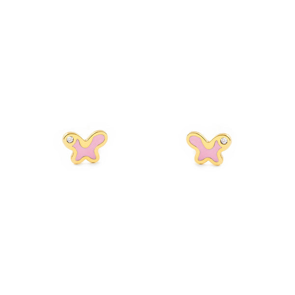 Boucles d'Oreilles Bebe Fille Enfant Émail rose Papillon Zircone Or Jaune 9 Carats