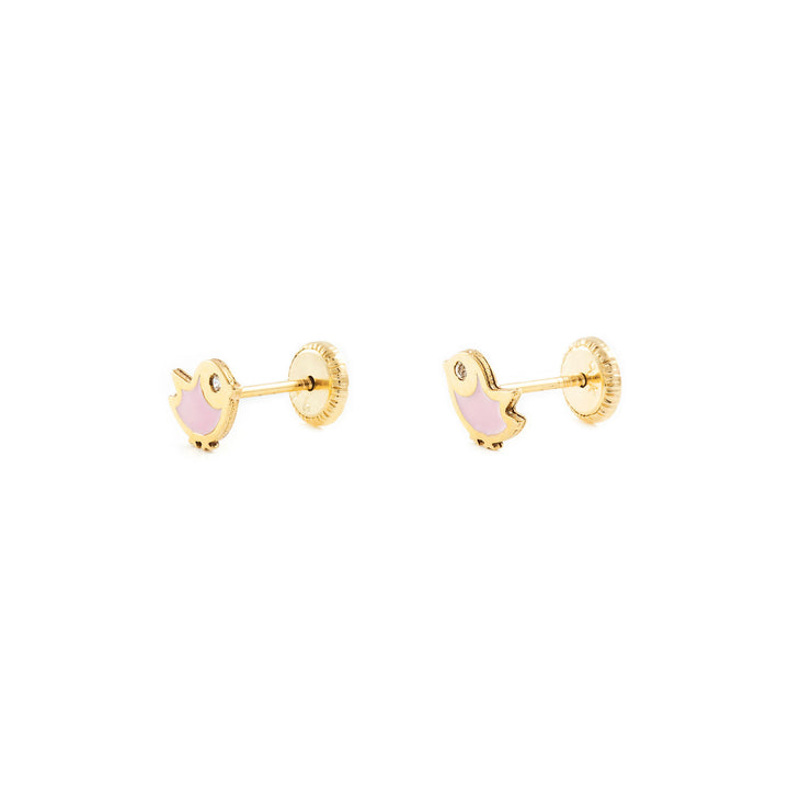 Pendientes Oro Bebe o Niña Pájaro esmalte rosa y circón (9kts)