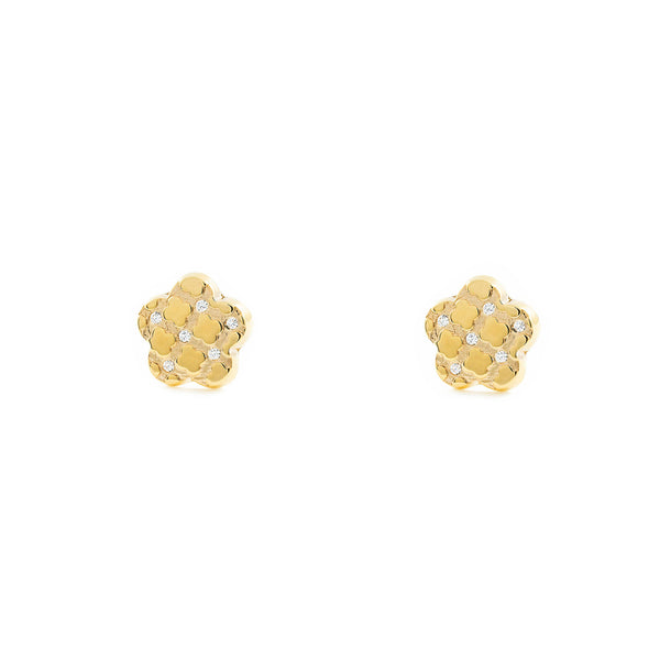 Boucles d'Oreilles Bebe Fille Enfant marguerite fleur Zircone Or Jaune 9 carats texturees