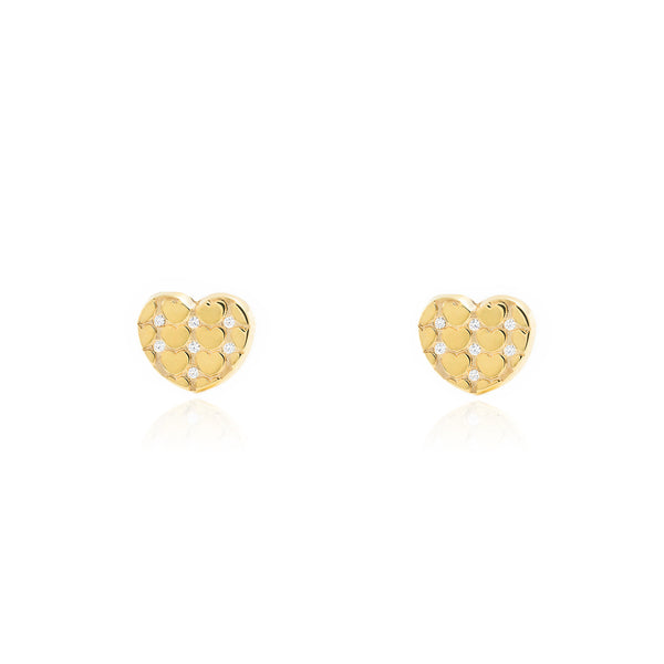 Boucles d'Oreilles Fille Enfant Cœur Zircone Or Jaune 9 carats texturees