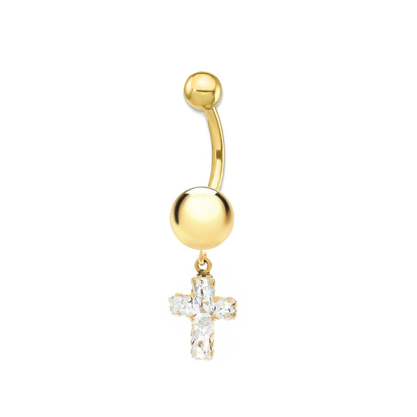 Piercing en Or Jaune 9K Nombril Croix Zircone Brillant