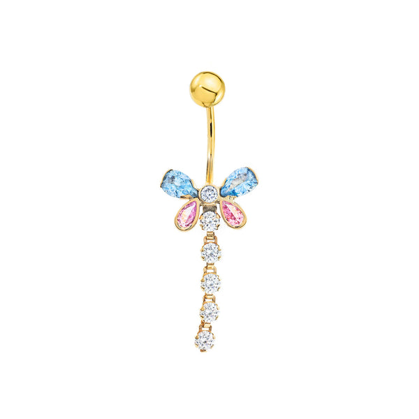 Piercing en Or Jaune 9K Nombril Papillon Chaine Zircone Brillant