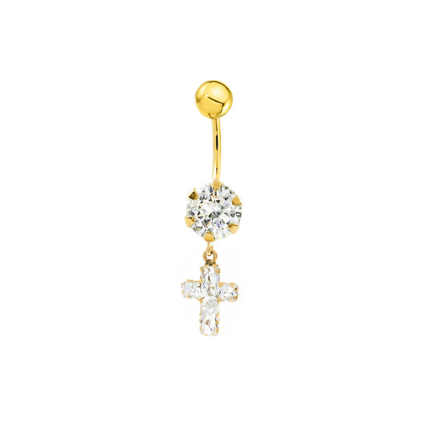 Piercing en Or Jaune 9K Nombril Croix Zircone Brillant