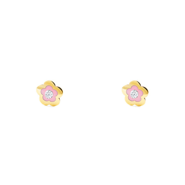 Boucles d'Oreilles Fille Enfant Émail rose marguerite fleur Zircone Or Jaune 9 Carats