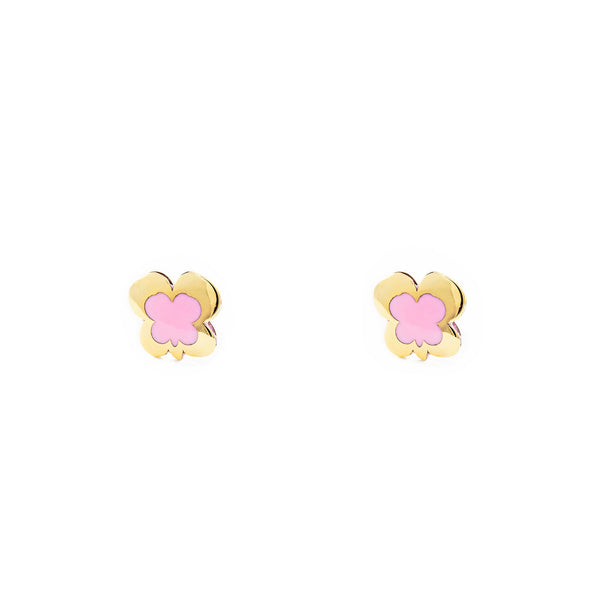 Boucles d'Oreilles Fille Enfant Émail rose Papillon Or Jaune 9 Carats