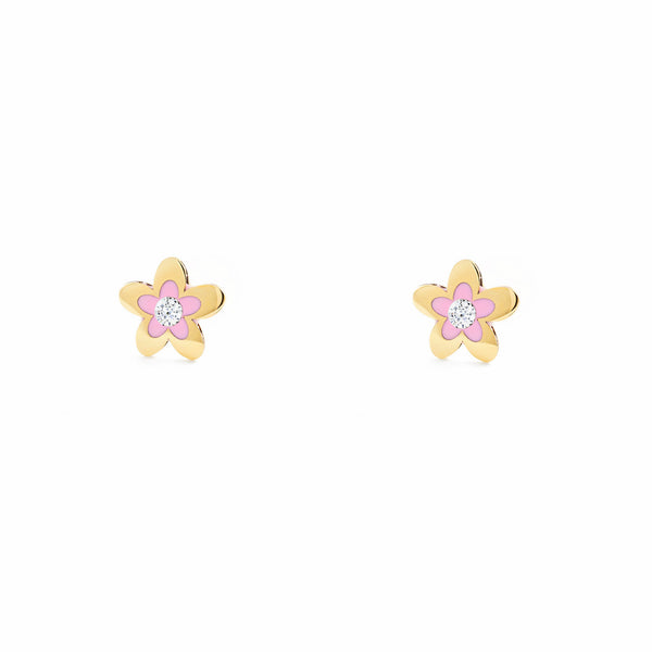 Boucles d'Oreilles Fille Enfant Émail rose Fleur Zircone Or Jaune 9 Carats