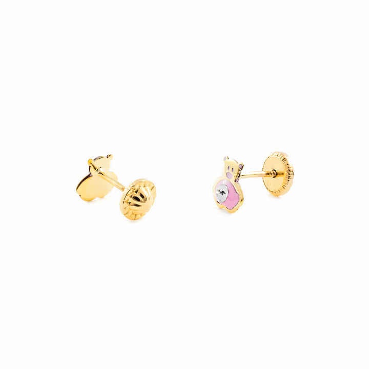 Pendientes Oro Niña Oso esmalte rosa y circón (9kts)