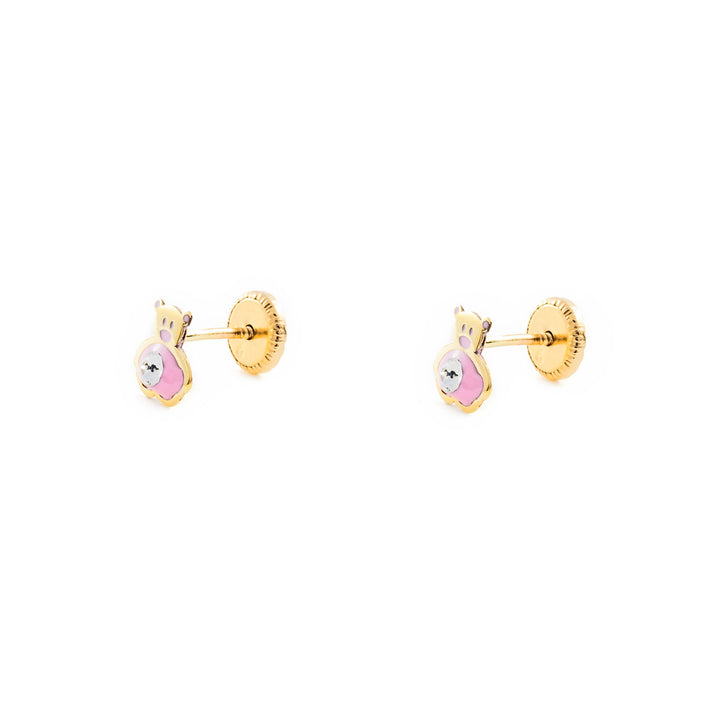 Pendientes Oro Niña Oso esmalte rosa y circón (9kts)