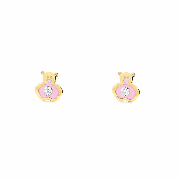 Boucles d'Oreilles Fille Enfant Émail rose Ours Zircone Or Jaune 9 Carats