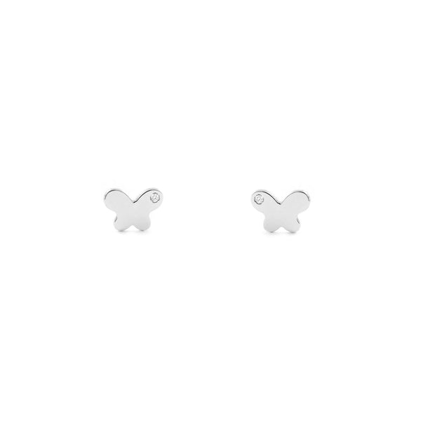 Boucles d'Oreilles Bebe Fille Enfant Papillon Zircone Or Blanc 9 Carats