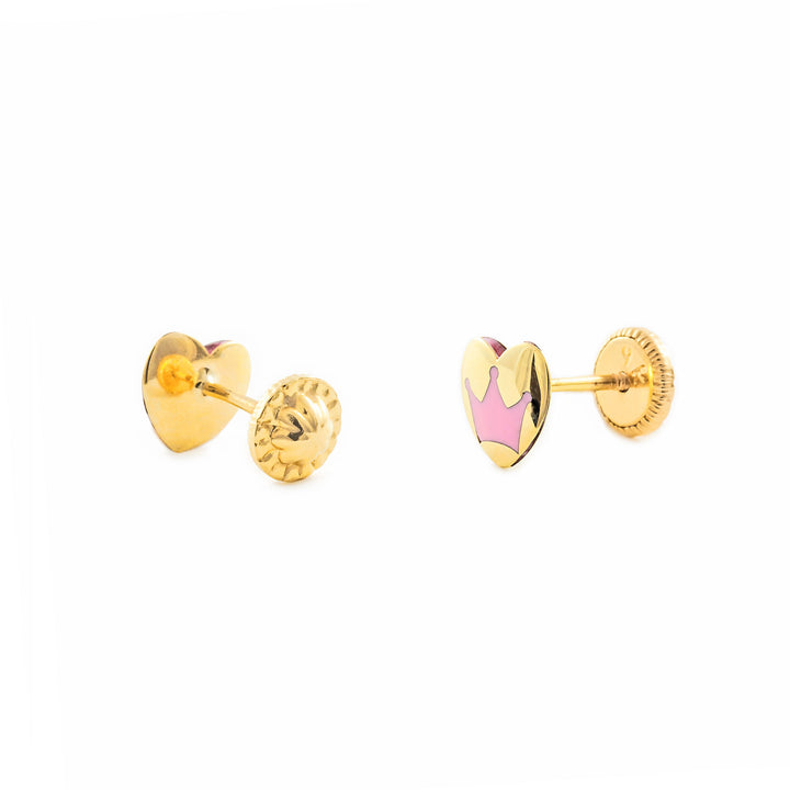 Pendientes Oro Niña corazon con Corona Esmaltada rosa (9kts)