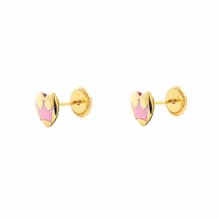 Pendientes Oro Niña corazon con Corona Esmaltada rosa (9kts)