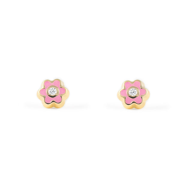 Boucles d'Oreilles Bebe Fille Enfant Émail rose clair marguerite fleur Zircone Or Jaune 18 Carats