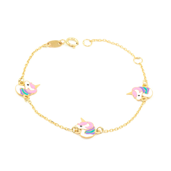 Bracelet Fille Enfant Or Jaune 9 Carats Émail Licornes Multicolore Brillant 14 cm