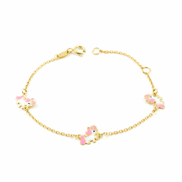 Bracelet Fille Enfant Or Jaune 9 Carats Émail Licornes Rose-Blanc Brillant 14 cm