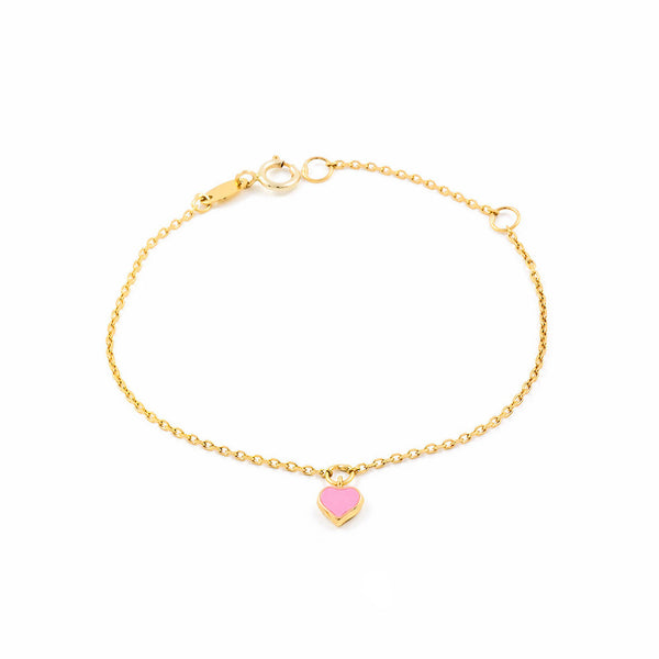 Bracelet Fille Enfant Or Jaune 9 Carats Émail Cœur Rose Brillant 14 cm