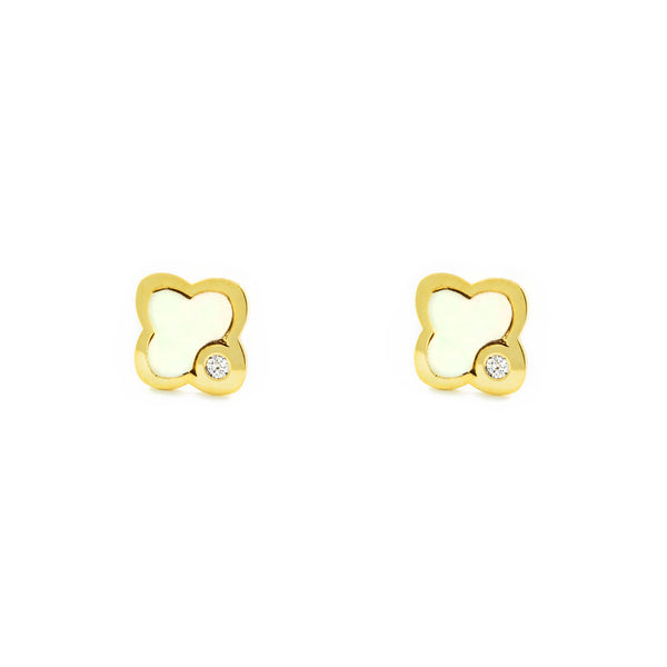 Boucles d'Oreilles Bebe Fille Enfant Nacre Trèfle Zircone Or Jaune 9 Carats