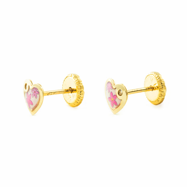 Pendientes Oro Niña corazón esmalte colores circón (9kts)