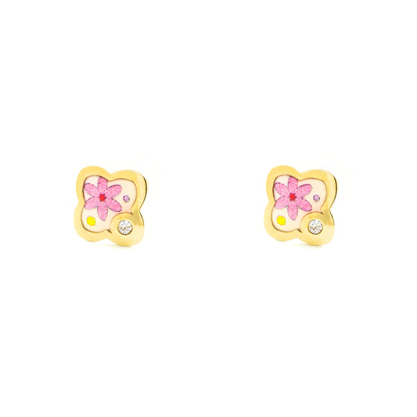 Boucles d'Oreilles Fille Enfant Émail multicolore Fleur Zircone Or Jaune 9 Carats