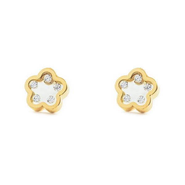 Boucles d'Oreilles Fille Enfant marguerite fleur Zircone Or Jaune 9 Carats