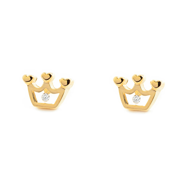 Boucles d'Oreilles Fille Enfant couronner Zircone Or Jaune 9 Carats