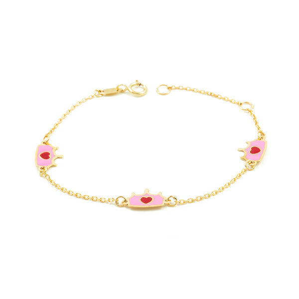 Bracelet Fille Enfant Or Jaune 9 Carats Émail Couronne Rose-Rouge Brillant 14 cm