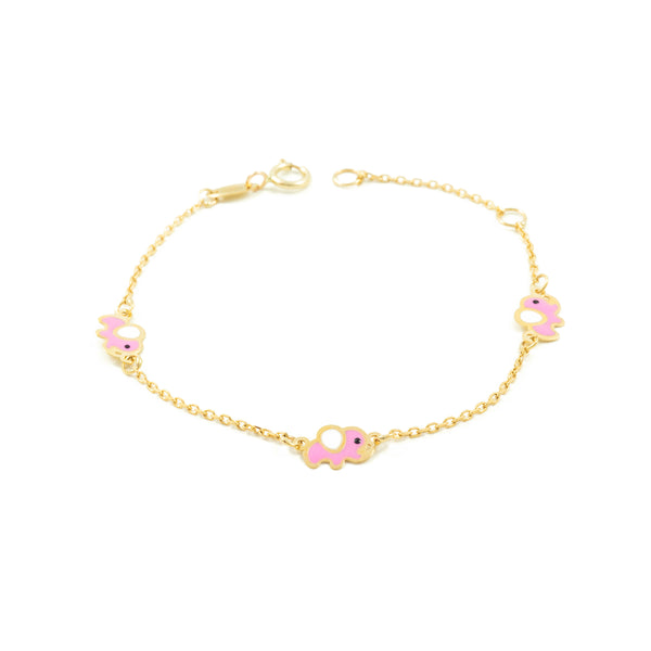 Bracelet Fille Enfant Or Jaune 9 Carats Émail Élephant Rose-Blanc Brillant 14 cm