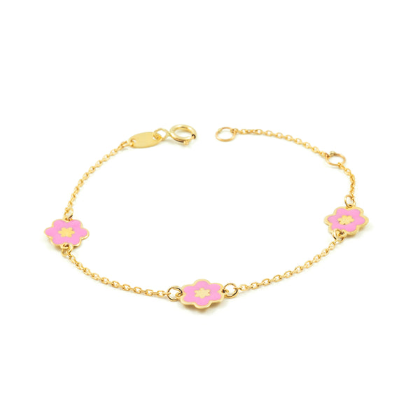 Bracelet Fille Enfant Or Jaune 9 Carats Émail Fleur Rose Brillant 14 cm